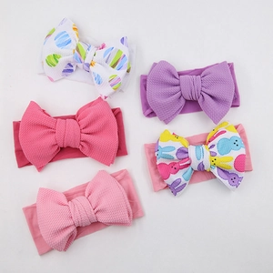 Baby Pasen Konijn Bedrukt Hoofdband Grote Strik Elastische Nylon Haarband Wafeltextuur Haaraccessoires Voor Peuters