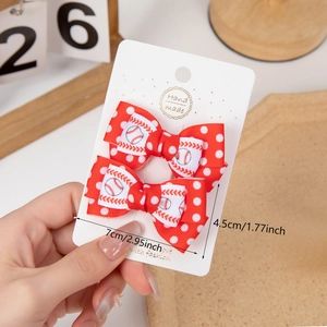 Handmade red polka dot and baseball pattern hair bow clips for kids and girls