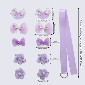 Detaillierte Größentabelle für 10-teiliges lila Chiffon-Haarspangen-Set mit Maßen