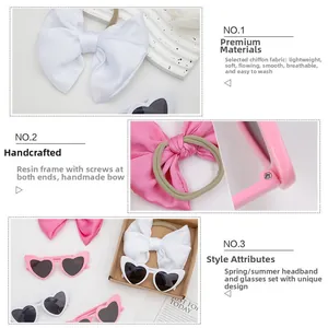 Detail view of handmade chiffon bow headband and heart-shaped sunglasses gift set