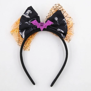 Cerchietto di Halloween con fiocco nero, rete a ragnatela arancione e pipistrello glitter