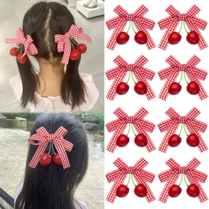 Kids Red White Plaid Bow Hair Clip With Resin Cherry Sweet Pastoral Style Hair Accessories For Baby Girls Daily Decor