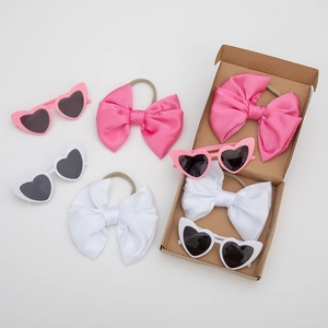 Kids Sunglasses Headband Gift Set Heart Shaped Cat Eye Sunglasses Satin Bow Hair Band For Girls Fashion UV Protection Accessory