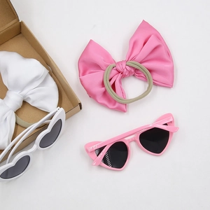 Kids heart sunglasses and satin bow headband gift set in pink and white colors