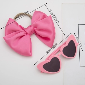 Pink heart-shaped sunglasses and satin bow headband set for girls with size measurements