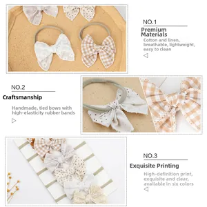 Detail of high-elasticity nylon baby headbands with handmade cotton bow embroidery textures