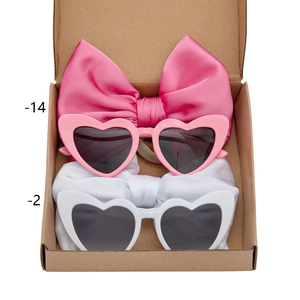 Kids heart sunglasses and satin bow headband gift set in pink and white colors