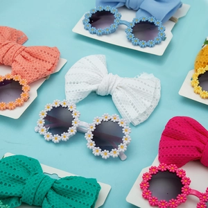 Kids daisy flower sunglasses and lace bow headband set in various pastel colors