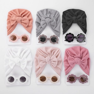 Bonnet Turbant Bébé en Maille Gauffrée Avec Grand Nœud Et Ensemble de Lunettes de Soleil Tournesol Accessoires de Mode Enfant