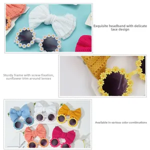 Detail view of 2-piece set with lace bow headband and sunflower sunglasses for children