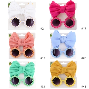 Kids Daisy Round Sunglasses And Bow Headband Set Plastic PC Mesh Fabric Summer Outdoor Fashion Accessories For Baby Girls