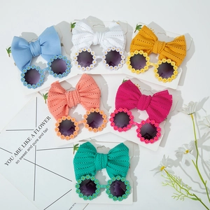 Kids round daisy sunglasses and large bow headband set in six vibrant colors