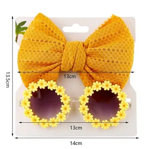 Kids daisy flower sunglasses and yellow bow headband set for summer beach accessories