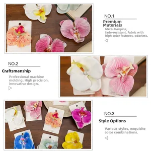 Detailed macro view of orchid hair clips featuring faux pearls and vibrant fabric petals