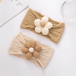 Bandeau Tricoté à Torsades pour Bébé Fille Fleur 3D Nylon Souple Extensible Style Champêtre Serre-tête pour Nouveau-né