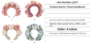 Detail specifications of floral headbands showing fabric materials and four color options