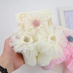 Close-up of white lace baby socks and flower headband set for infants aged 0-2 years
