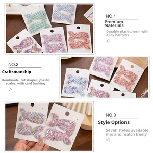 Detailed macro view of glitter mermaid tail hair clips with colorful sequin material