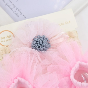 Detail of pink mesh flower baby headband set with handcrafted 3D floral accents