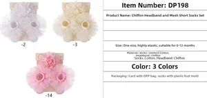 Detailed set of baby chiffon flower headbands and mesh socks in white, beige, and pink