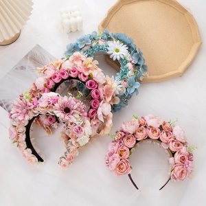Floral crown headband with colorful silk roses and daisies for romantic wedding photography