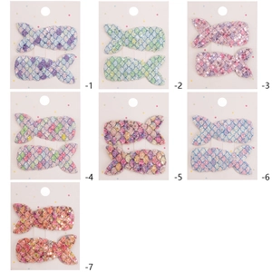 Glittery mermaid tail hair clips for girls set in seven gradient colors with BB clips