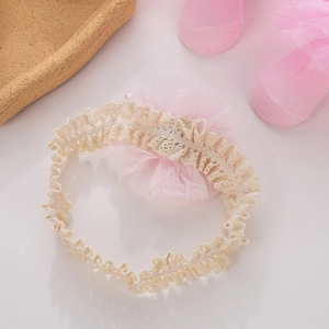 Infant lace headband with pink mesh flower and matching knit socks in beige set