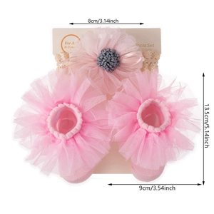 Pink infant headbands and socks set with lace flowers and mesh ruffles for ages 0-2