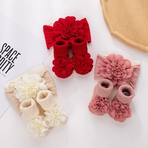 Infant Baby Girl Chiffon Flower Headband And Socks Set Soft Cotton Ribbed Socks For Age 0-2 Years Photography Props