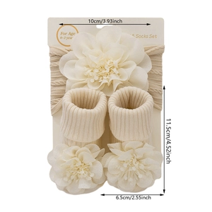 Infant floral headband and socks set in cream knit, perfect for baby photography props
