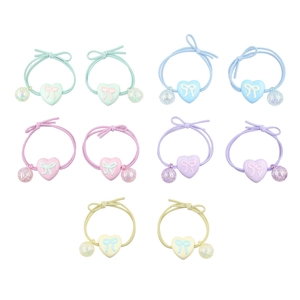 Set of 10 elastic hair ties for girls with cute heart charms and colorful glitter balls