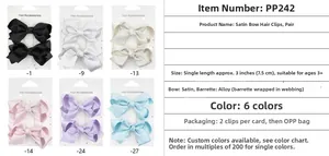 Detailed size chart for 7.5cm satin bow hair clips in six vibrant assorted colors
