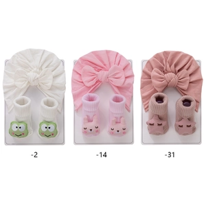 Ensemble turban et chaussettes pour bébé en coton avec oreilles de lapin et nœud en 3D