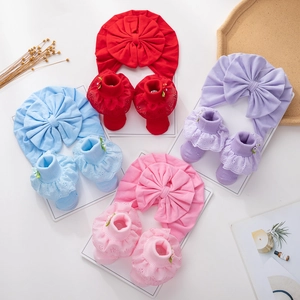 Newborn Baby Girls Cotton Turban Hat And Lace Socks Princess Big Bow Knitted Headband Infant Accessories Gift Combinations