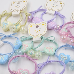 Macaron heart hair ties 2-piece set with glitter beads on cute bear card packaging
