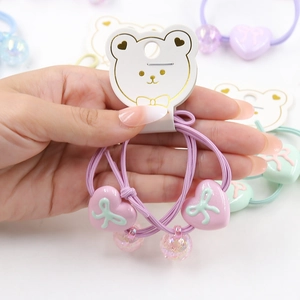 Cute heart charms and colorful beads on high elastic hair ties for girls, 2-piece set