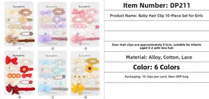 Détail du lot de 10 pinces à cheveux bébé avec fleurs en coton et nœuds en dentelle