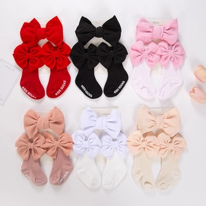 Bandeau Nervuré et Chaussettes Bébé Fille Noeud Géant Tricoté Coton Peigné Antidérapantes Chaussettes de Sol Accessoires Photo