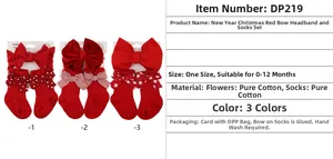Detail of red Christmas baby headband and socks set made from soft pure cotton fabric