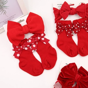 Red baby bow headband and patterned socks gift set for Christmas and 100 days celebrations