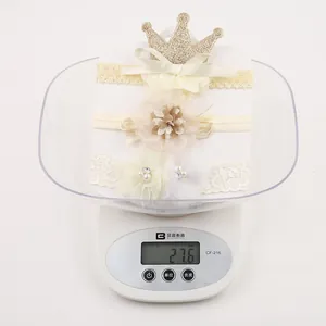 Set di 3 fasce per neonati con corona, fiore color champagne e pizzo bianco con perle