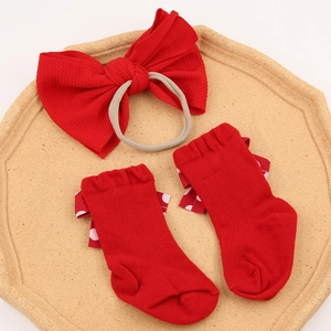 Red bow headband and socks set for baby girls photoshoot and festive occasion wear