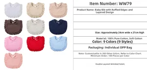 Detailed chart showing 10 color options for pure cotton ruffled baby bibs with sizes