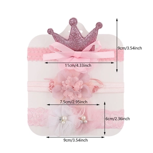 Set di 3 fasce per neonata con corona rosa, fiori in chiffon e dettagli in pizzo