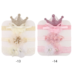 Set di 3 fasce per neonati con corona glitterata, fiori di raso e perle in pizzo