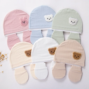 Newborn Baby Hat And Gloves Set Soft Ribbed Organic Cotton Knit Beanie With Cute Bear Patch For Infants 0-6 Months