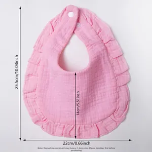 Size chart showing dimensions of the pink ruffled cotton baby bib with snap button