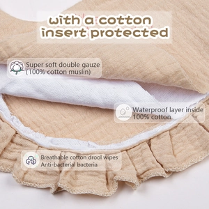 Detail of 100% cotton muslin baby bib showing layered gauze and waterproof lining