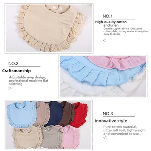 Detail of 100% cotton double-layer crepe baby bib with ruffles and adjustable snap