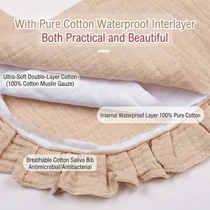 Breathable multi-layer 100% cotton muslin baby bib with ruffle edge and waterproof lining